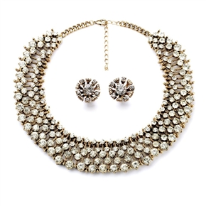 Women Vintage Crystal Rhinestone Studded Collar Necklace Earrings Set (Golden)